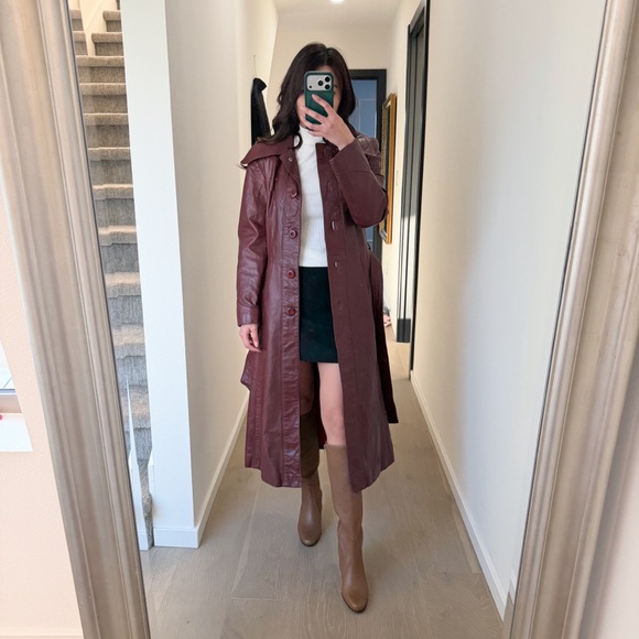Wilsons Leather Jackets & Blazers - Vintage Y2K 70s Retro Wilson Leather Burgundy Leather Trench‎ Coat XS-S